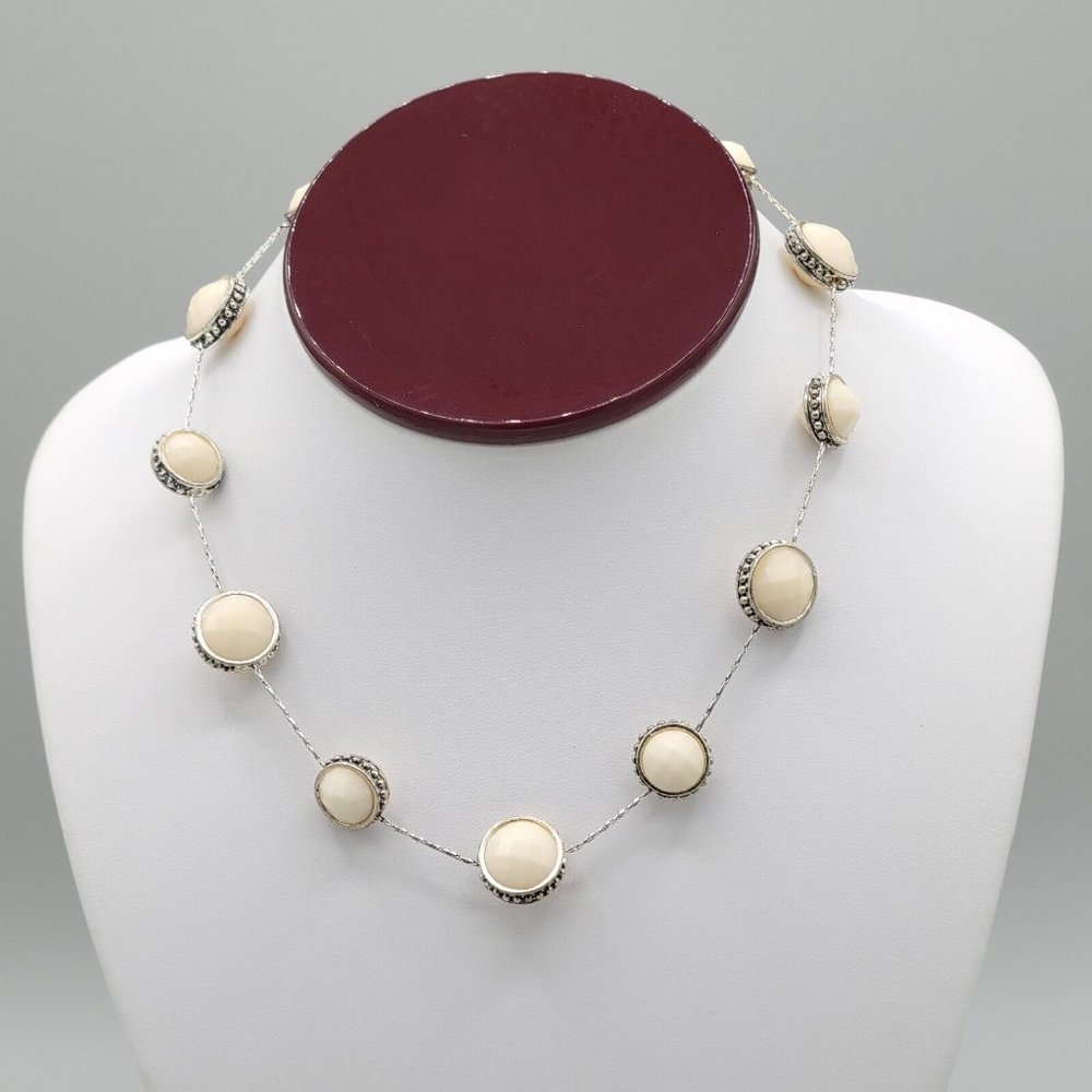 Womens  Silver Tone Chain White Flat Faux Pearl Station Necklace 15 in